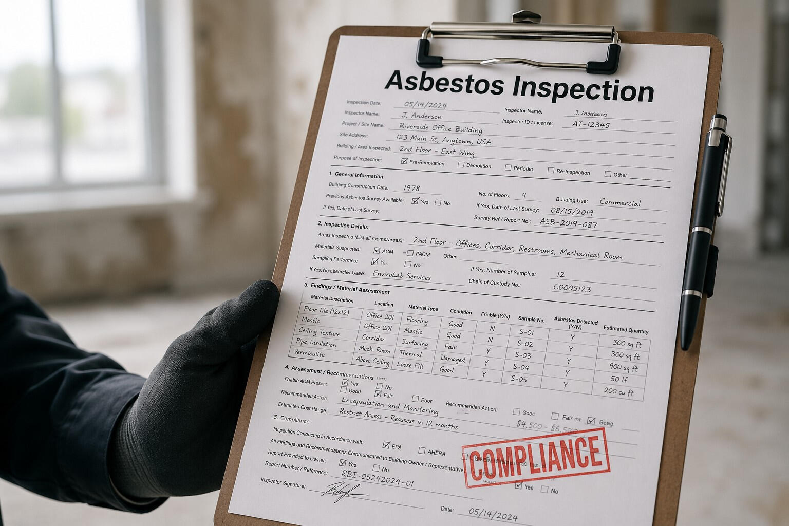 Asbestos inspection A clipboard with asbestos compliance